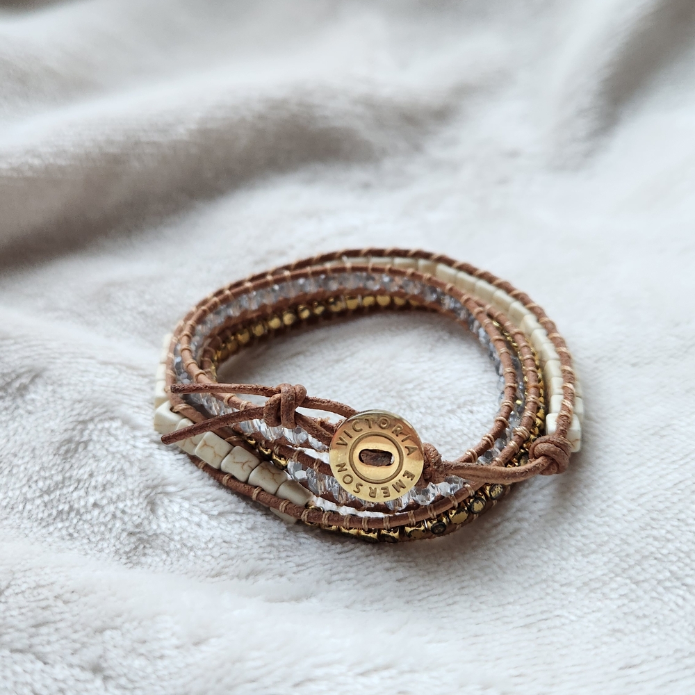 Victoria Emerson Tan and Gold Beaded Bracelet